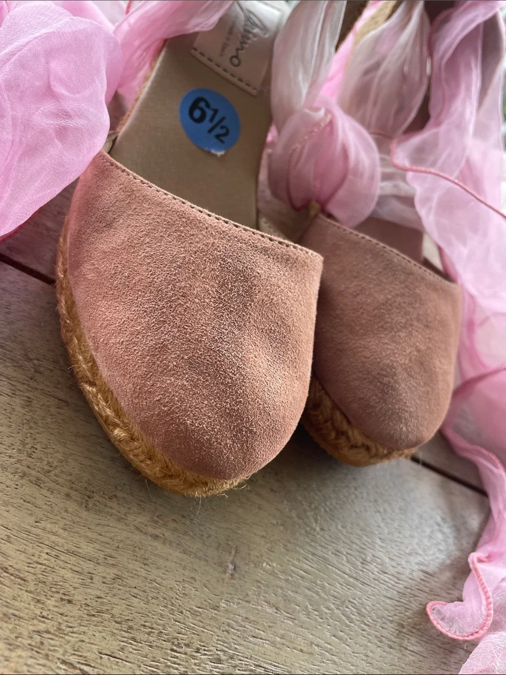 Gaimo Pink Suede Espadrille Wedges with Ankle Wraps Handmade in Spain  NWOT/BOX